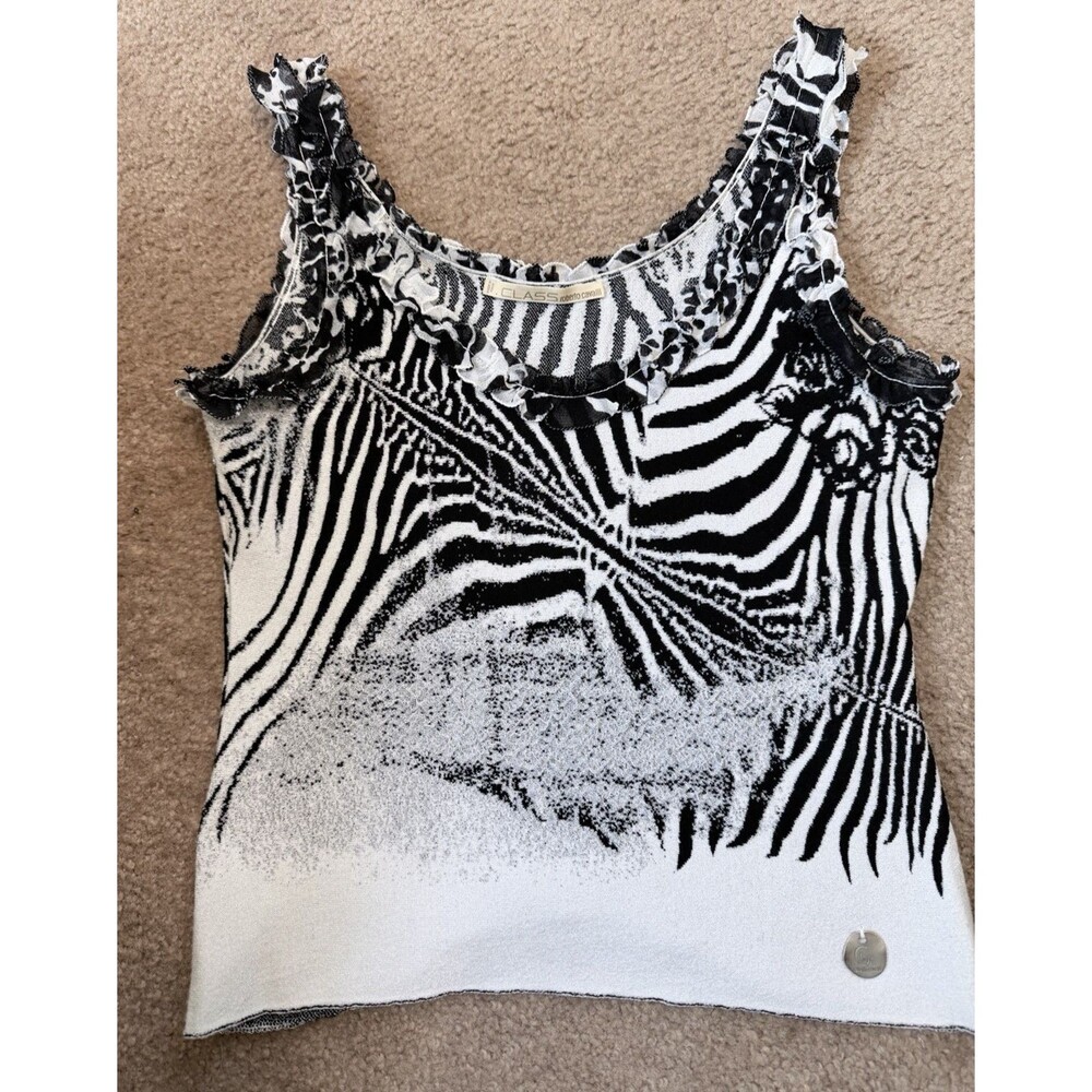 Class Roberto Cavalli Zebra Print Knit Tank Top Ruffle Neck Italy IT 46 US 12 Y2 - Picture 6 of 16